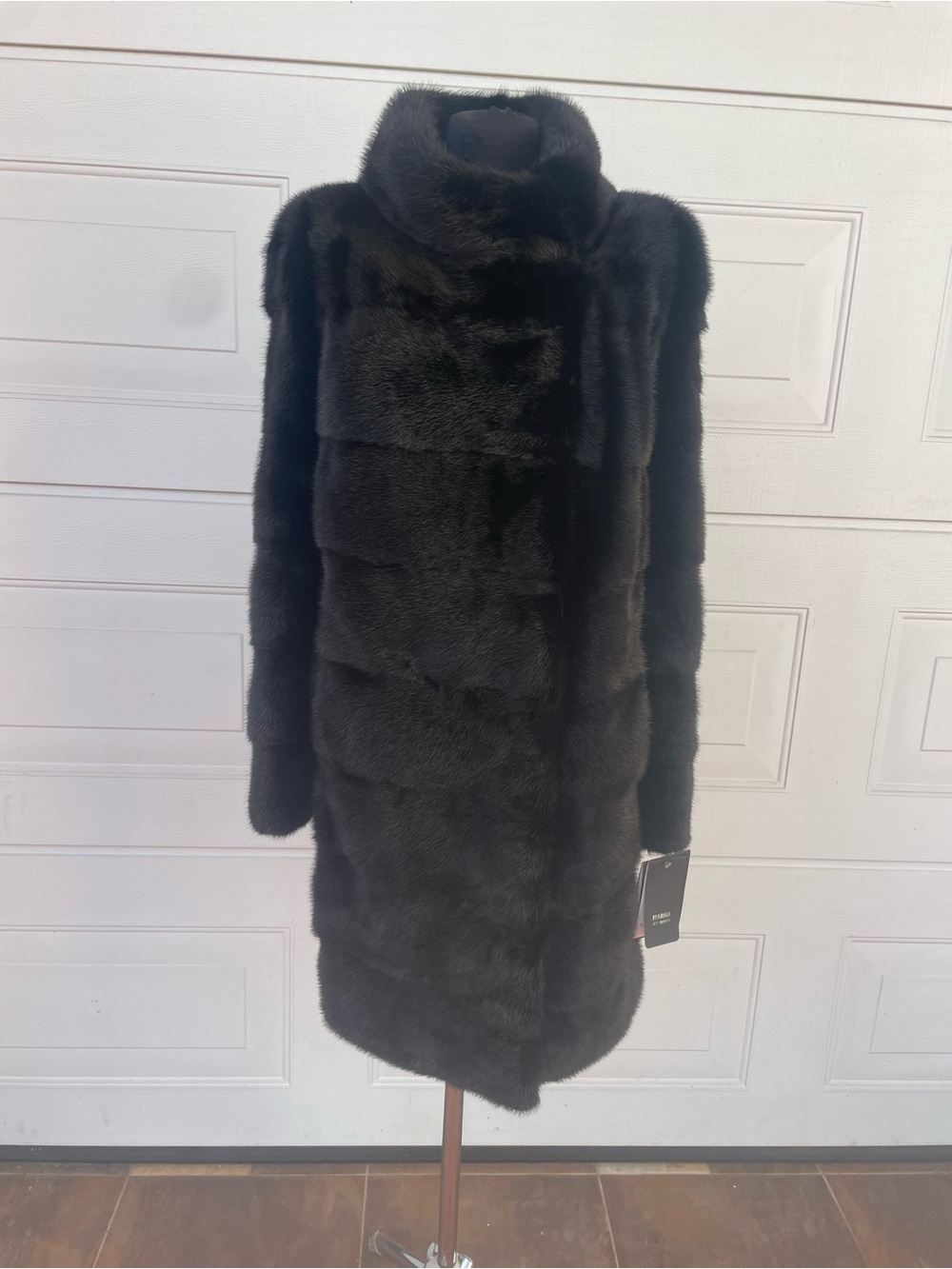 Classic Women's Black Fur Long Coat with High Collar .Coat made of natural